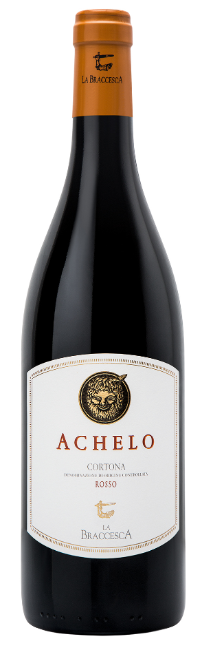 Eine Weinflasche Achelo Cortona DOC Rosso 2020