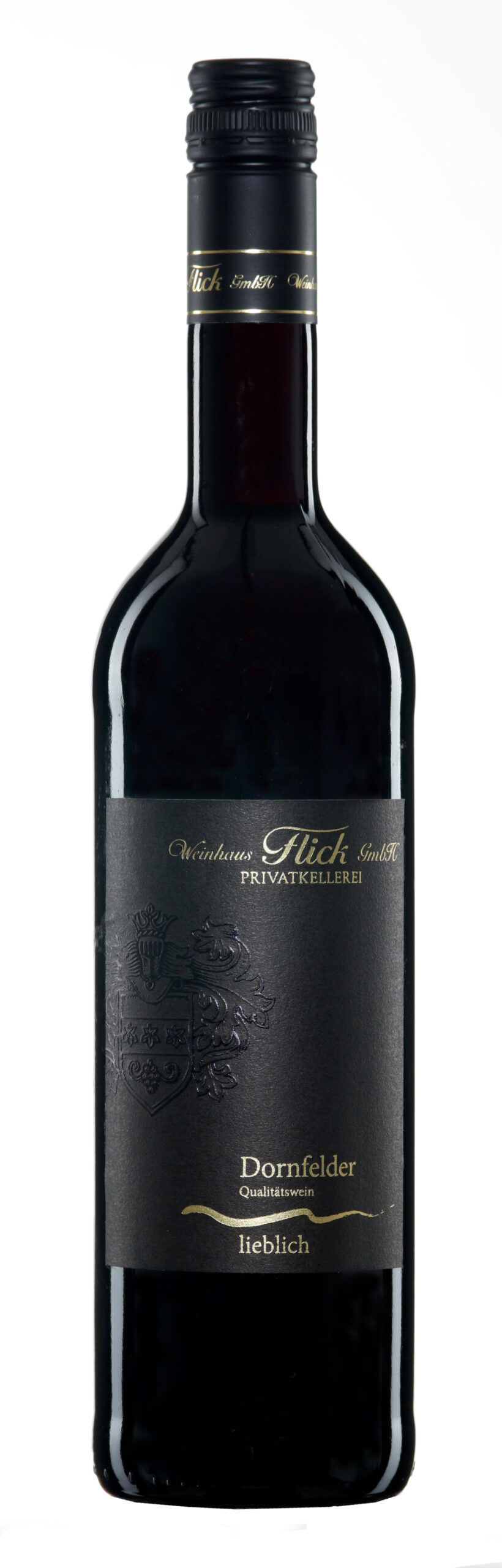 Eine Weinflasche Flick Dornfelder, lieblich